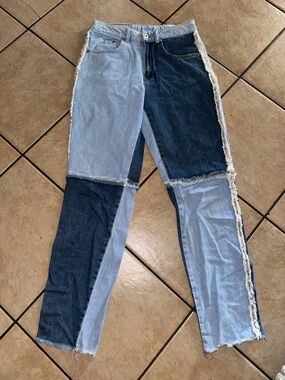 Two-Tone Straight Leg Patchwork Jeans - Light & Dark Blue